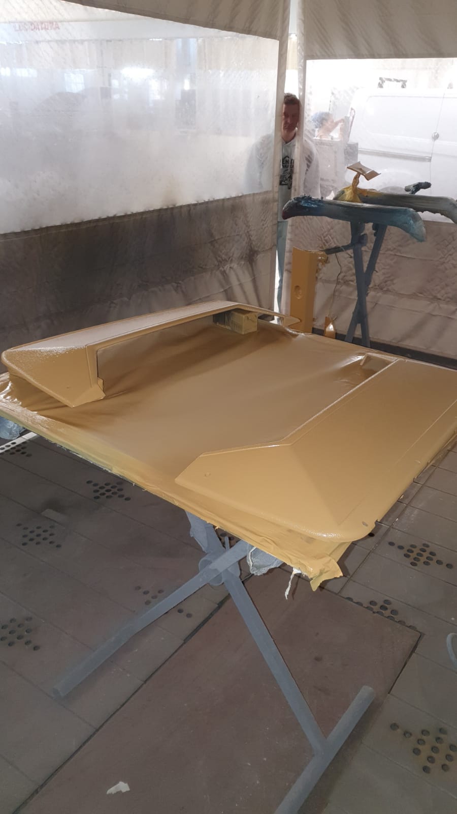 Restoration in progress - hood freshly painted in olive green